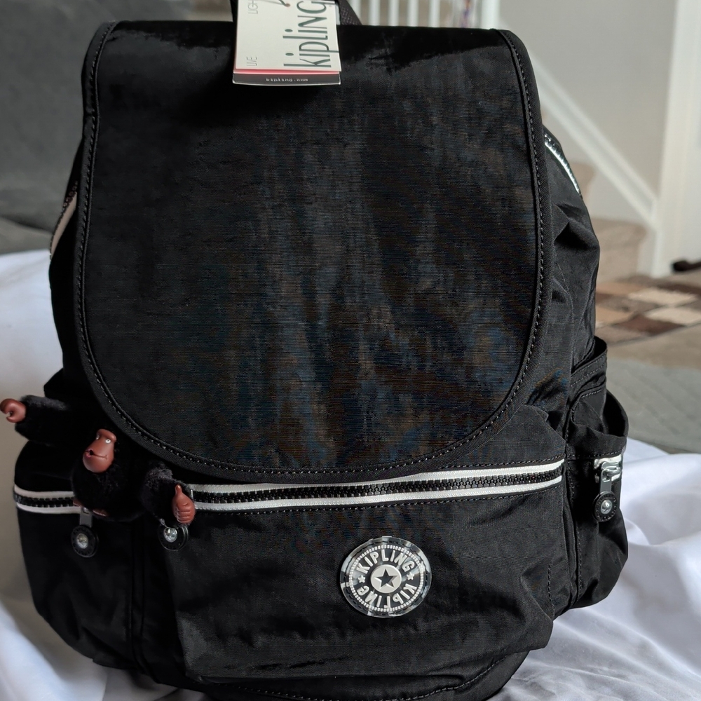 Kipling Black Nylon Backpack with Zip Pocket and Monkey Charm